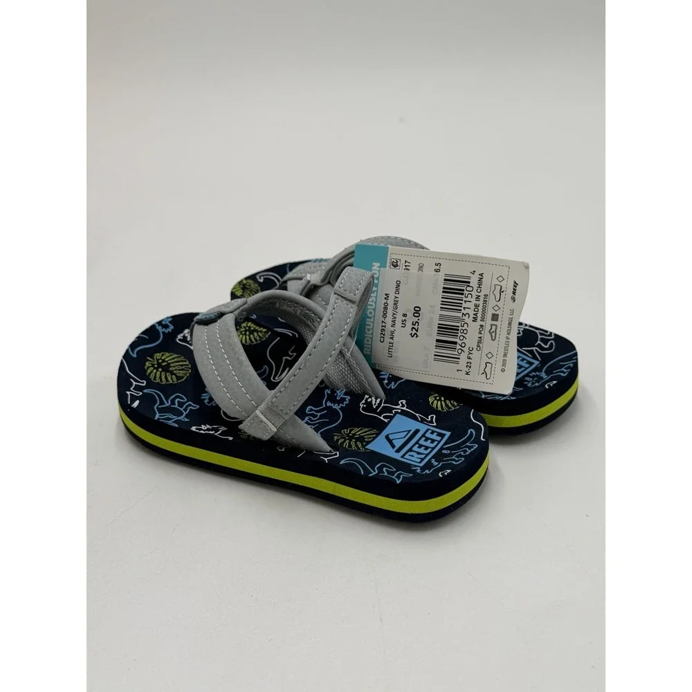 Reef Toddler Little Ahi Water Friendly Dino Flip Flop Boys Girls Size 8 New Blue